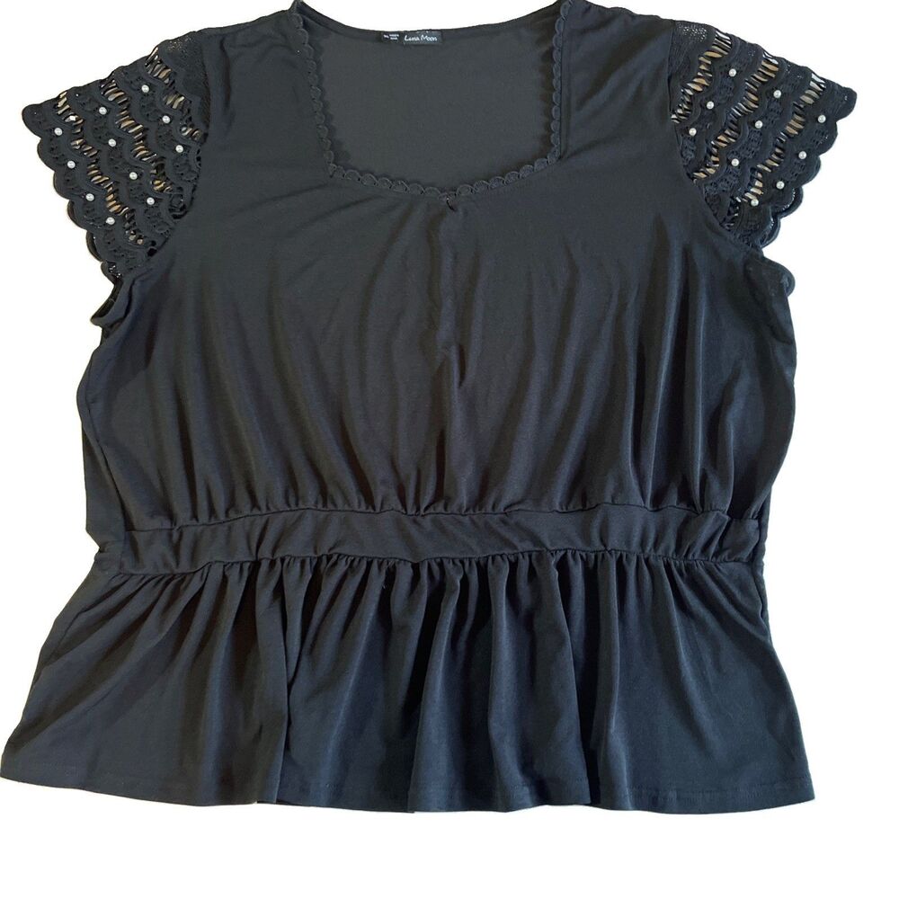 Anthropologie Luna Moon Peplum Blouse Womens Plus 3X Black Crochet Pearl Accents